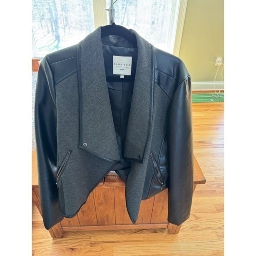 Bagatelle Collection Mixed Media Moto Jacket - Faux Leather & Grey Knit - Size L